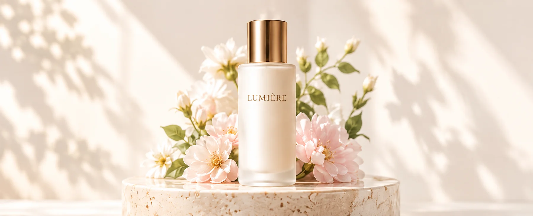 白い花とピンクの花に囲まれた、LUMIÈRE スキンエッセンス